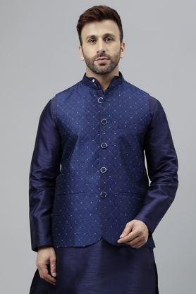 Embroidered Polyester Regular Fit Men's Nehru Jacket - Navy