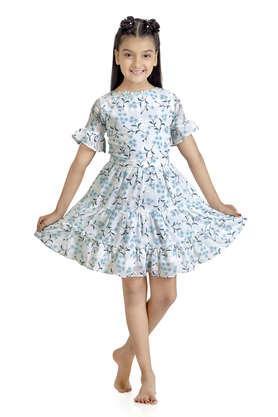 Printed Polyester Boat Neck Girls Casual Wear Dress - Blue
