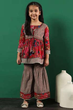 Printed Cotton Regular Fit Girls Kurti Sharara Set - Pink