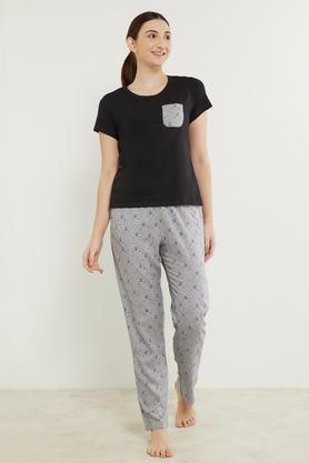 Printed Cotton Knit Women's Top & Pyjama Set - Black