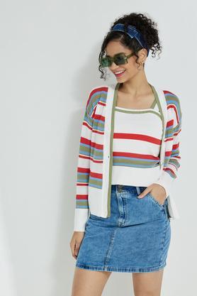 Stripes V Neck Acrylic Womens Cardigan With Inner Sets - Off White