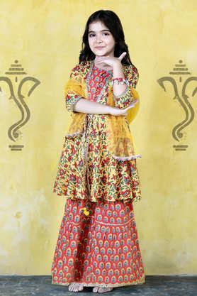 Floral Polyester Full Length Girls Kurta With Sharara & Dupatta - Yellow