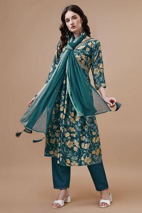 Embroidered Calf Length Chanderi Woven Women's Kurta Set - Teal