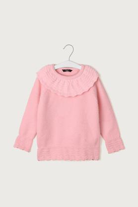 Solid Acrylic Regular Round Neck Girls Sweater - Blush