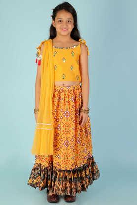 Printed Cotton Round Neck Girls Lehenga Choli Set - Yellow