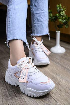 Synthetic Lace Up Girls Sneakers - Peach
