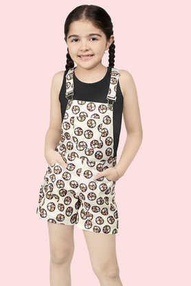Floral Polyester Girls Dungaree Shorts with T-Shirt Set - Natural