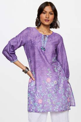 Embroidered Cotton Round Neck Women's Tunic - Purple