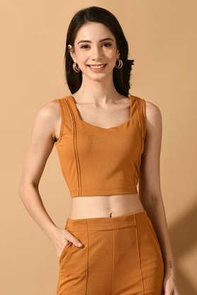 solid-polyester-v-neck-women's-top---mustard