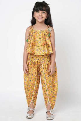 Printed Cotton Girls Top Dhoti Set - Yellow