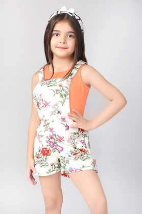 Floral Cotton Girls Dungaree Shorts with T-Shirt Set - Peach