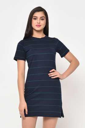 stripes-cotton-round-neck-women's-mini-dress---blue
