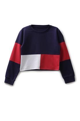 Graphic Cotton Round Neck Girls Sweatshirt - Navy