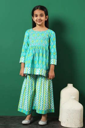 Printed Cotton Regular Fit Girls Kurti Sharara Set - Blue