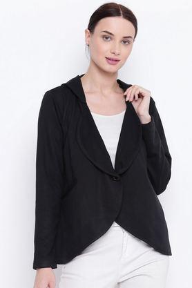 Solid Blended Collared Women's Sweatshirt - Black