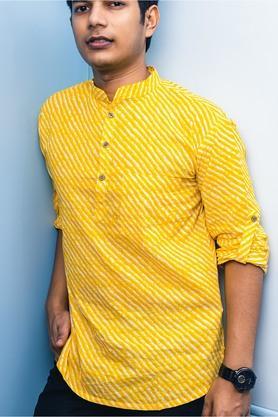 Motif Cotton Tailored Fit Mens Kurta - Yellow