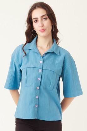 Solid Polyester Collar Neck Womens Casual Shirt - Blue