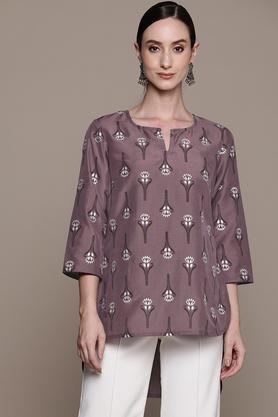 Floral Blended Round Neck Women's Tunic - Purple
