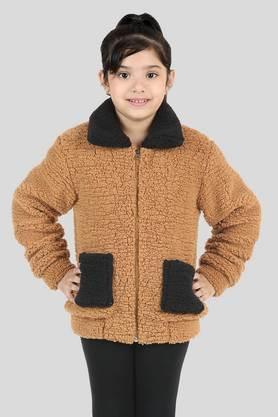 Solid Polyester Regular Fit Girls Jacket - Brown