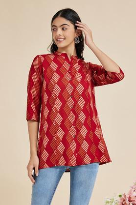 Printed Rayon Round Neck Women's Casual Wear Tunic - Red