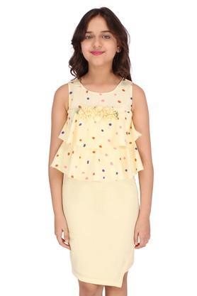 Polka Dots Polyester Blend Round Neck Girls Casual Wear Dress - Yellow