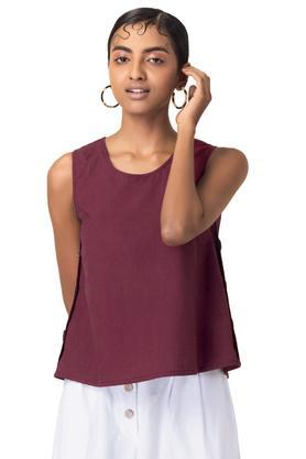 Solid Cotton Regular Fit Womens Top - Maroon