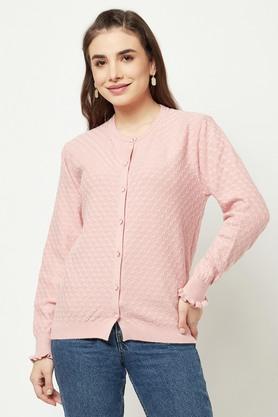 Printed Blended Round Neck Womens Cardigan - Pink