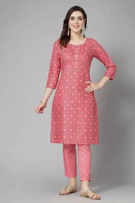 Printed Full Length Cotton Women's Kurta Set - Pink