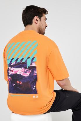 Printed Blended Fabric Crew Neck Men's T-Shirt - Orange