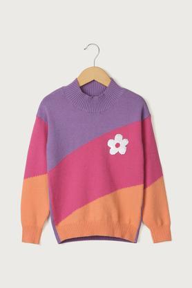 Color Block Acrylic Round Neck Girls Sweater - Multi