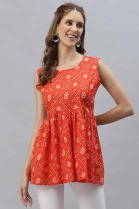 bandhni-cotton-round-neck-women's-top---orange