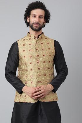 Embroidered Polyester Blend Regular Fit Mens Nehru Jacket - Khaki