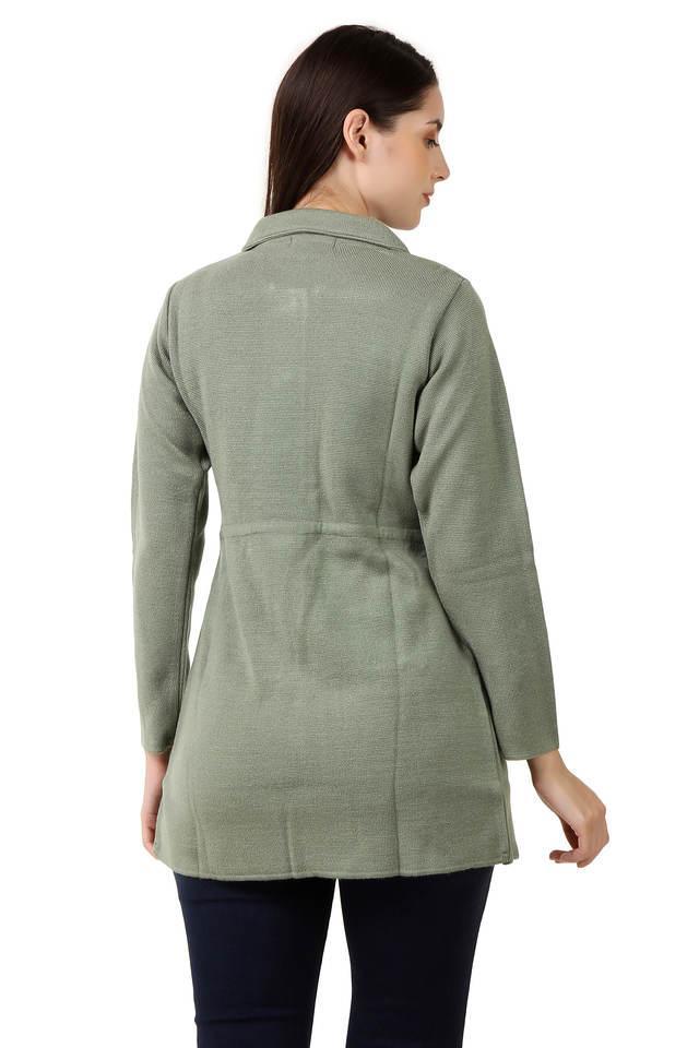 Solid Collared Blended Fabric Women's Winter Wear Cardigan - Sea Green