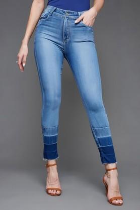 Solid Ankle Length Denim Women's Jeans - Light Blue