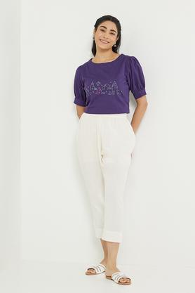 Trendy Solid Cotton Round Neck Women's Top - Purple