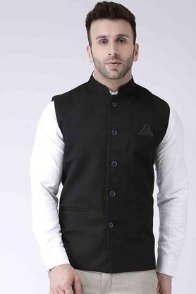 Solid Polyester Blend Regular Fit Mens Occasion Wear Nehru Jacket - Black