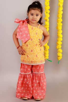 Printed Polyester Off Shoulder Girls Kurta Sharara Set - Yellow