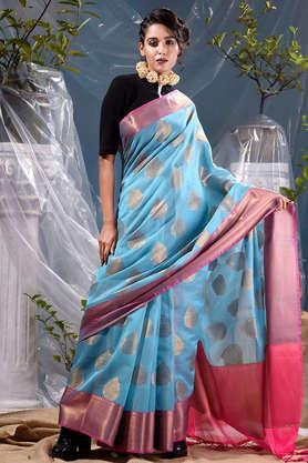 firozi-and-antique-zari-weaved-cotton-silk-saree-with-traditional-zari-mughal-buta-and-border-pattern-with-blouse-piece---light-blue