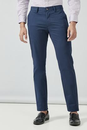 Solid Cotton Stretch Slim Fit Mens Trousers - Navy