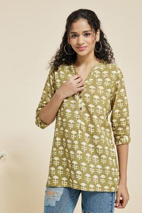 Printed Rayon V Neck Women's Casual Wear Tunic - Green
