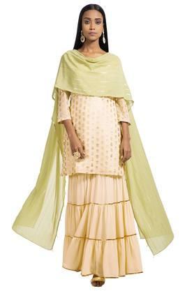Ivory Short Tunic with Attached Green Foil Striped Dupatta - Green