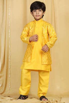 embroidered-silk-collar-neck-boys-sherwani-set---mustard