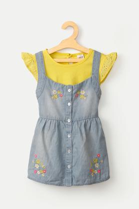 Embroidered Cotton Round Neck Infant Girls Dungaree Set - Multi