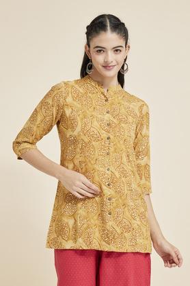 Printed Rayon Round Neck Women's Casual Wear Tunic - Mustard