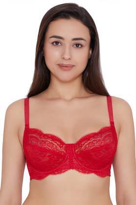 Wired Fixed Strap Non-Padded Women's Lace Bra - Tango
