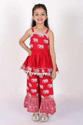 Animal Print Rayon Girls Kurta Set - Red