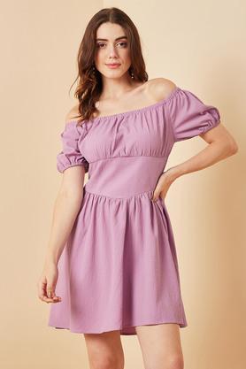 Solid Off Shoulder Polyester Women's Mini Dress - Purple