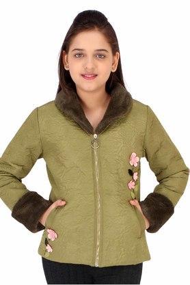 Embellished Polyester And Fur Collar Neck Girls Jacket - Green