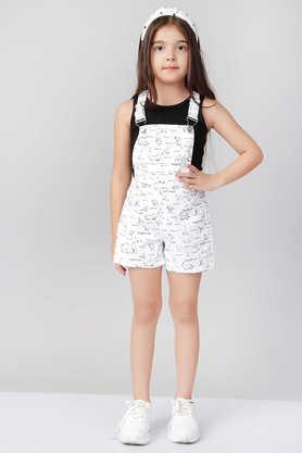 Abstract Cotton Girls Dungaree Shorts with T-Shirt Set - White