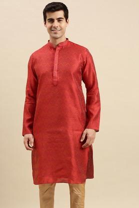 Embellished Art Silk Regular Fit Mens Kurta - Red